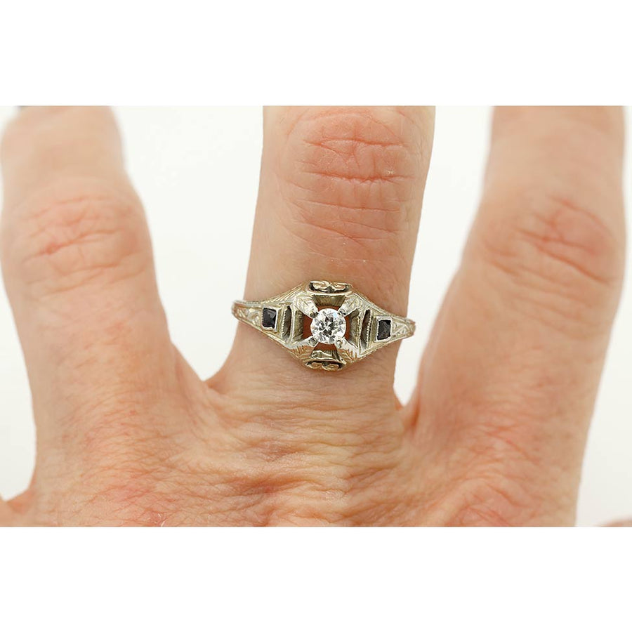 Art Deco .30 CTW Old European Cut Diamond & Sapphire Antique Engagement Ring in 14 Kt White Gold