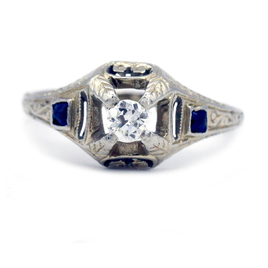 Art Deco .30 CTW Old European Cut Diamond & Sapphire Antique Engagement Ring in 14 Kt White Gold