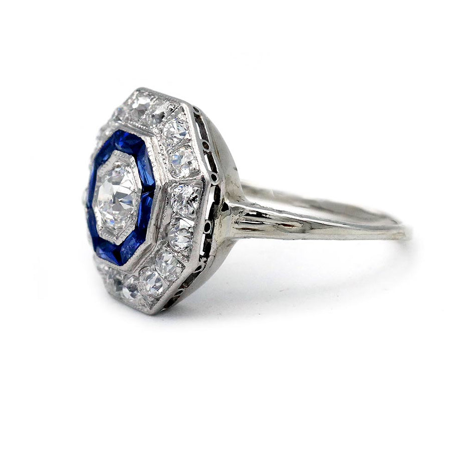 Art Deco Diamond & Sapphire Halo Engagement Ring - Vintage Diamond Ring
