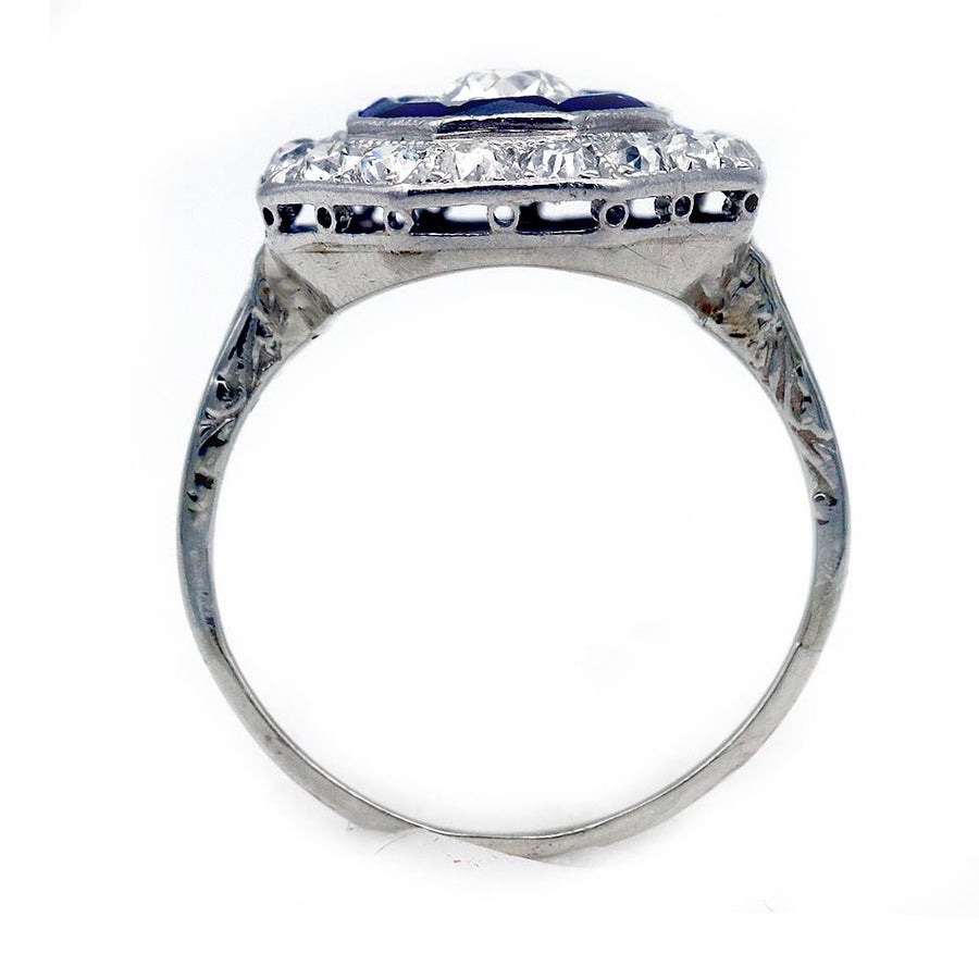 Art Deco Diamond & Sapphire Halo Engagement Ring - Vintage Diamond Ring