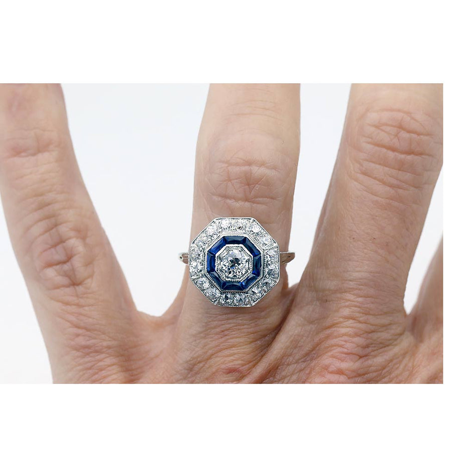 Art Deco Diamond & Sapphire Halo Engagement Ring - Vintage Diamond Ring