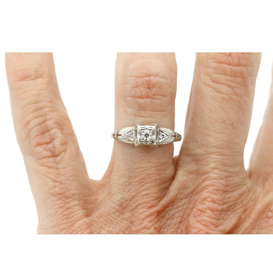 Art Deco .08 CTW Old European Cut Diamond Solitaire Engagement Ring in 14K White Gold