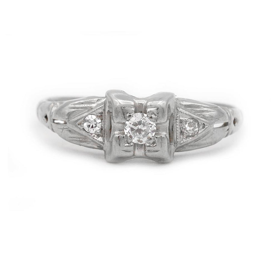 Art Deco .08 CTW Old European Cut Diamond Solitaire Engagement Ring in 14K White Gold