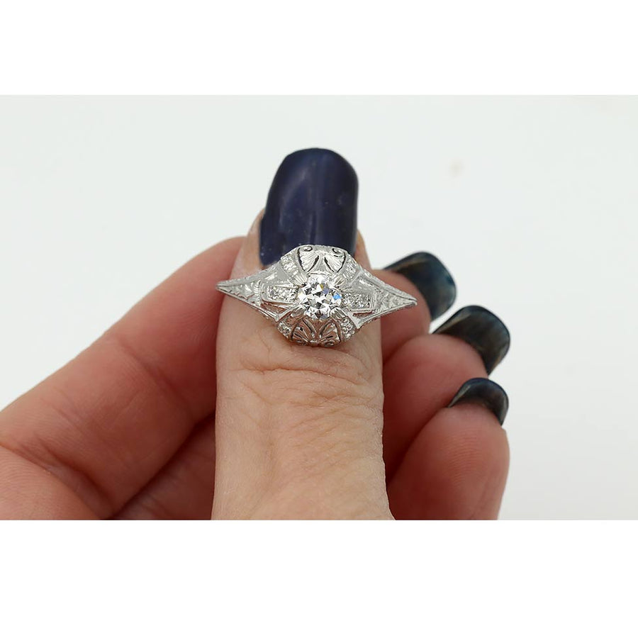 Art Deco Old European Cut Diamond Engagement Ring .41 Carat GIA E VS2 Platinum Filigree Antique Ring