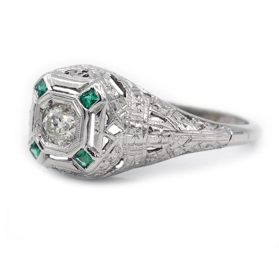 Missi: .40 CTW Old Mine Cut Diamond and Emerald Art Deco Ring (1930s)