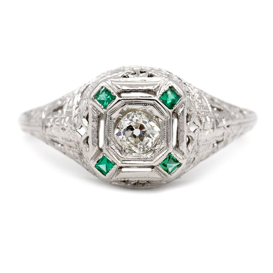 Missi: .40 CTW Old Mine Cut Diamond and Emerald Art Deco Ring (1930s)