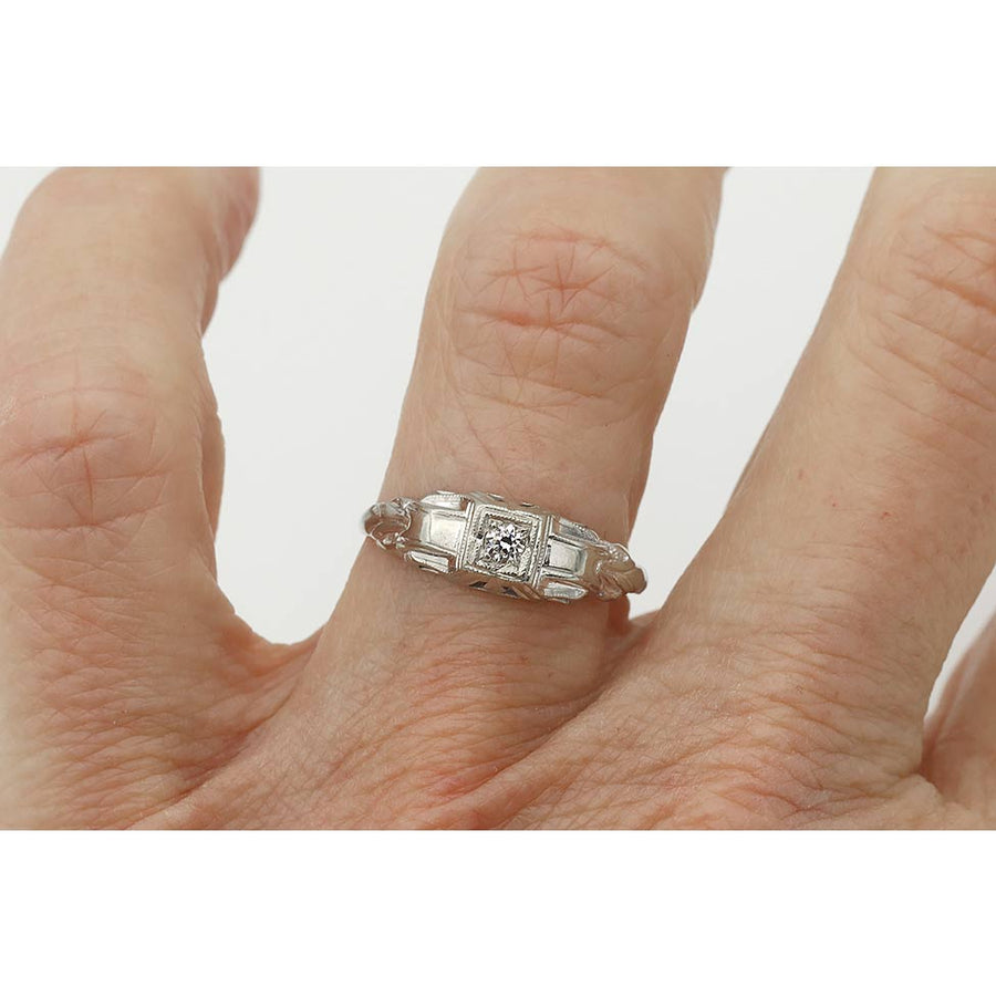Antique .08 CT Old Mine Cut Diamond Engagement Ring | 14K White Gold F/VS2