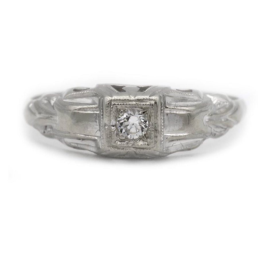 Antique .08 CT Old Mine Cut Diamond Engagement Ring | 14K White Gold F/VS2