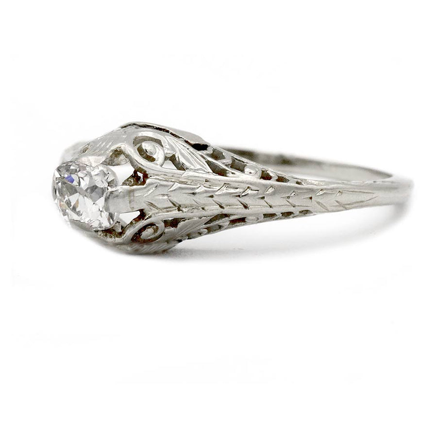 Art Deco .35 Carat Old Mine Cut Diamond Antique Engagement Ring in 18 Kt White Gold