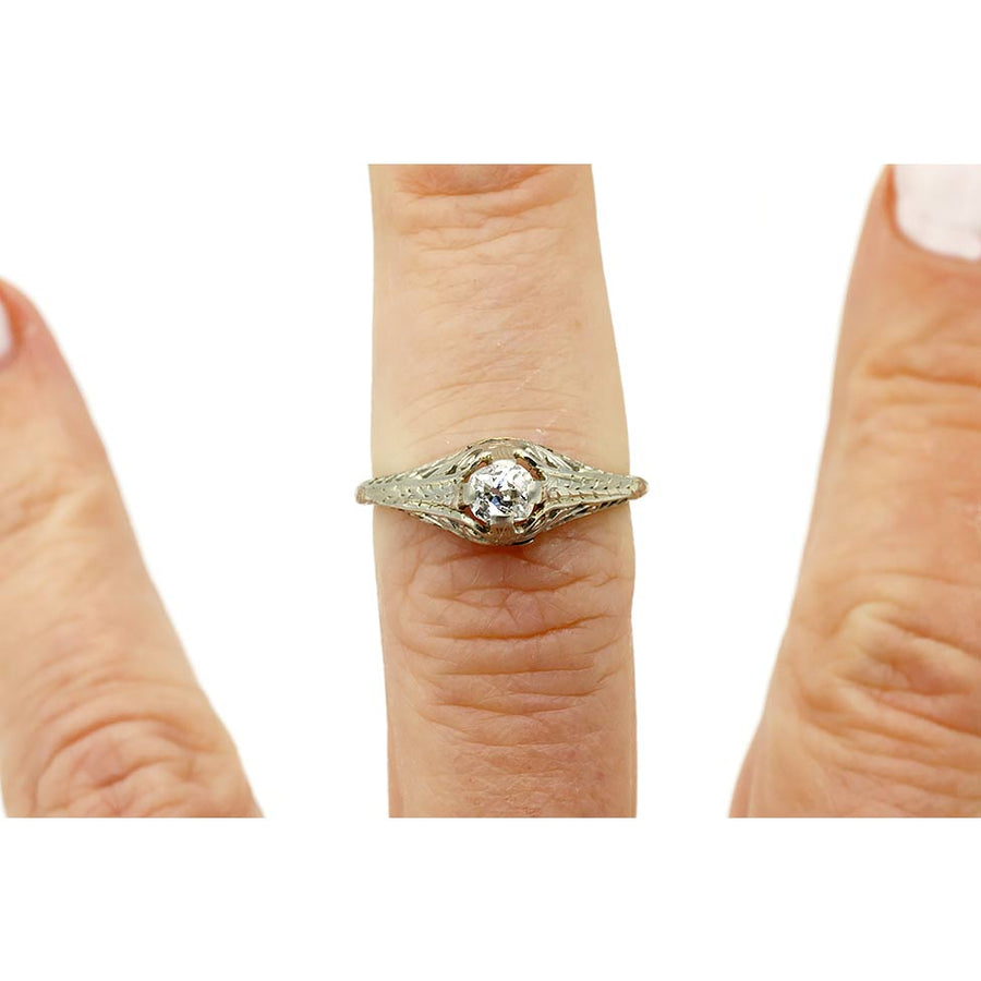 Art Deco .35 Carat Old Mine Cut Diamond Antique Engagement Ring in 18 Kt White Gold