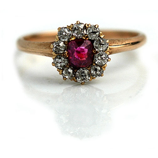 Vintage Ruby & Old Mine Cut Diamond Halo Engagement Ring