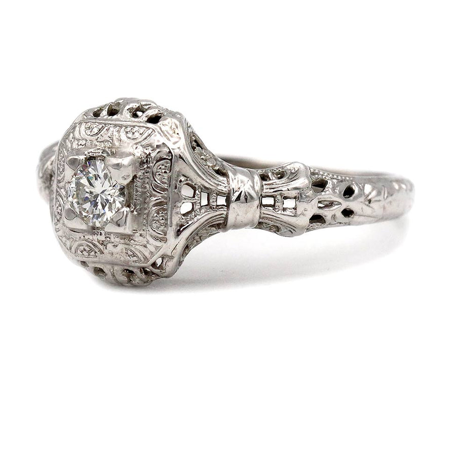 Art Deco .25 Ct Transitional Cut Diamond Engagement Ring in 18 Karat White Gold