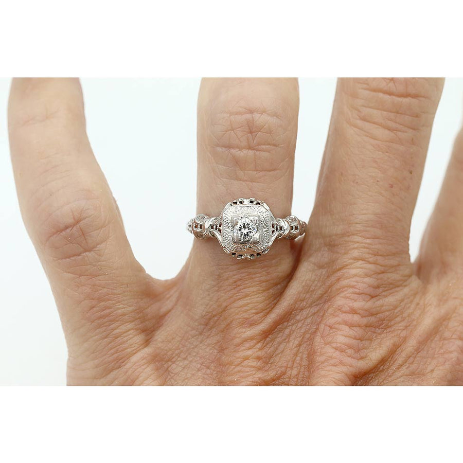 Art Deco .25 Ct Transitional Cut Diamond Engagement Ring in 18 Karat White Gold