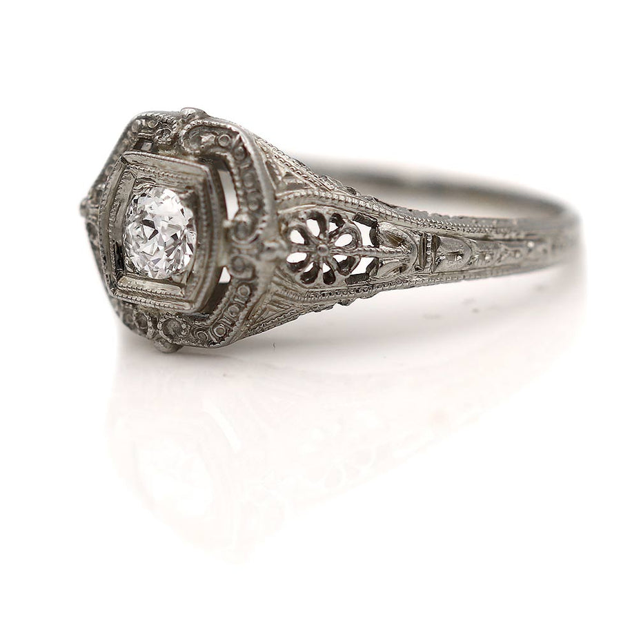 Art Deco 0.25 Ct Old European Cut Diamond Filigree Solitaire Engagement Ring