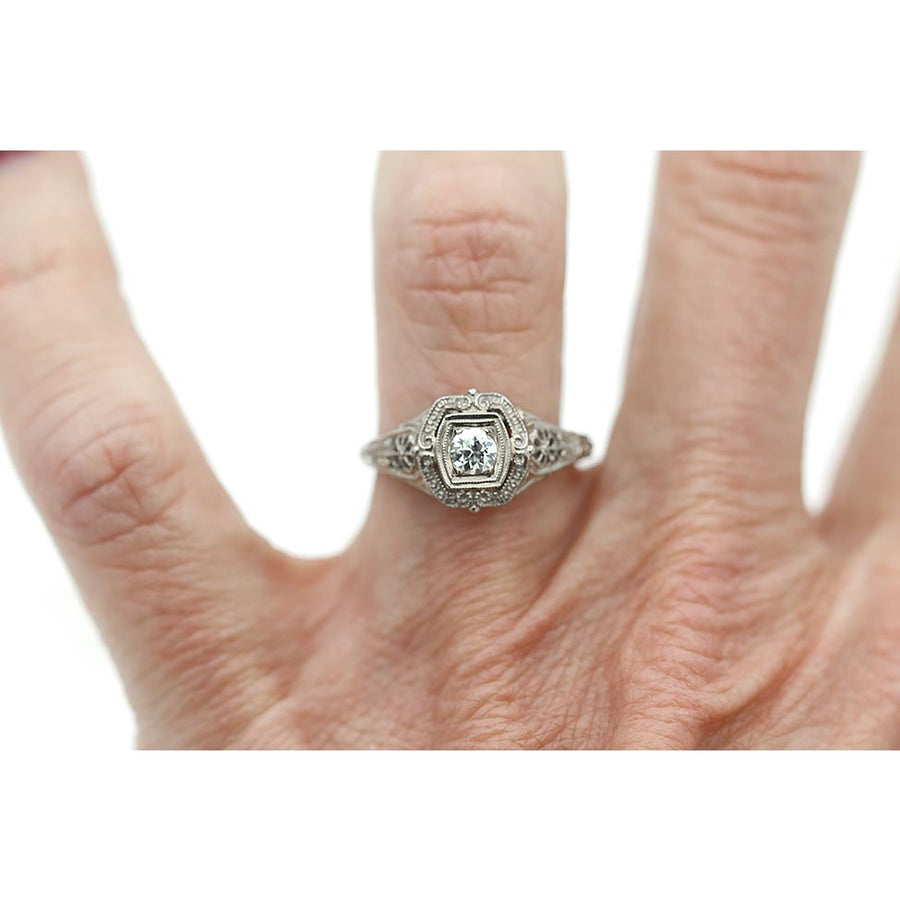 Art Deco 0.25 Ct Old European Cut Diamond Filigree Solitaire Engagement Ring