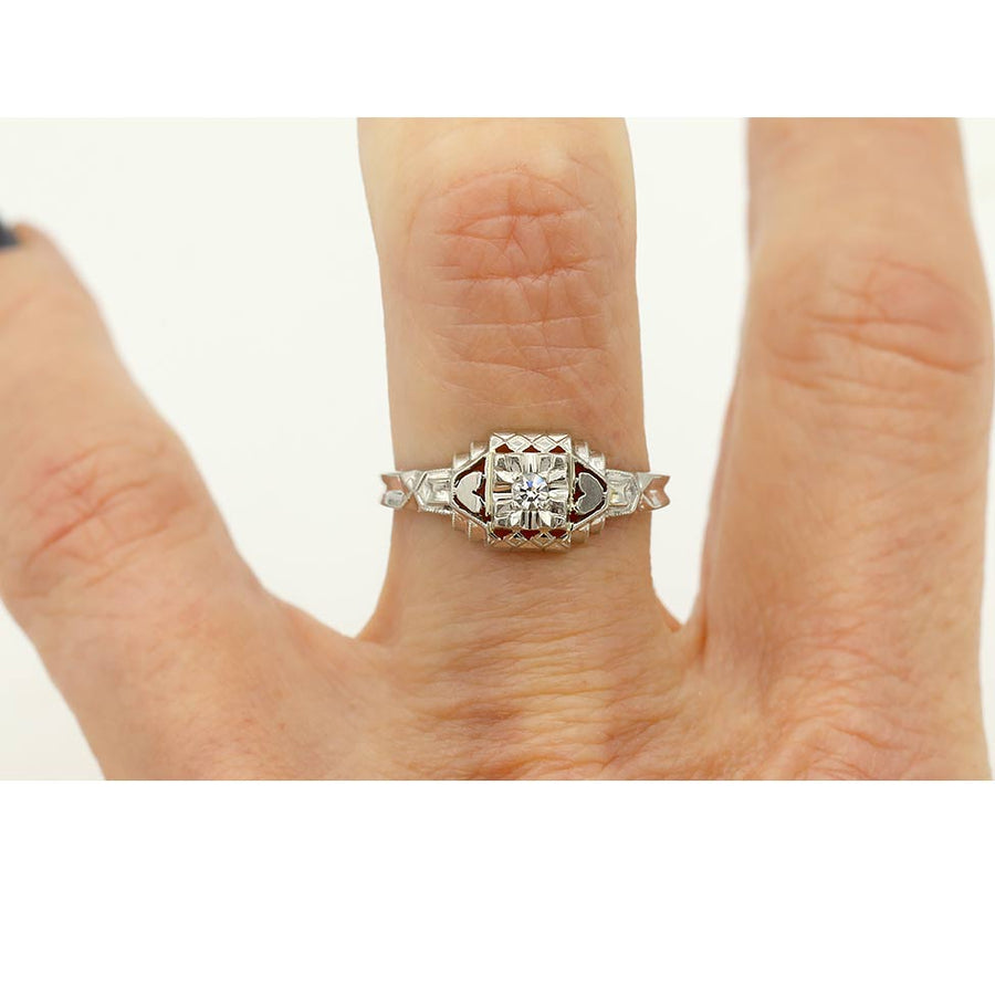 Art Deco .10 Ct Solitaire Diamond Antique Engagement Ring with Heart Motif
