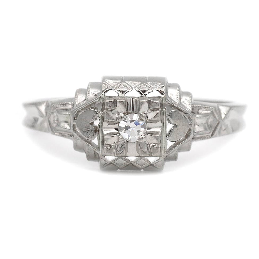 Art Deco .10 Ct Solitaire Diamond Antique Engagement Ring with Heart Motif