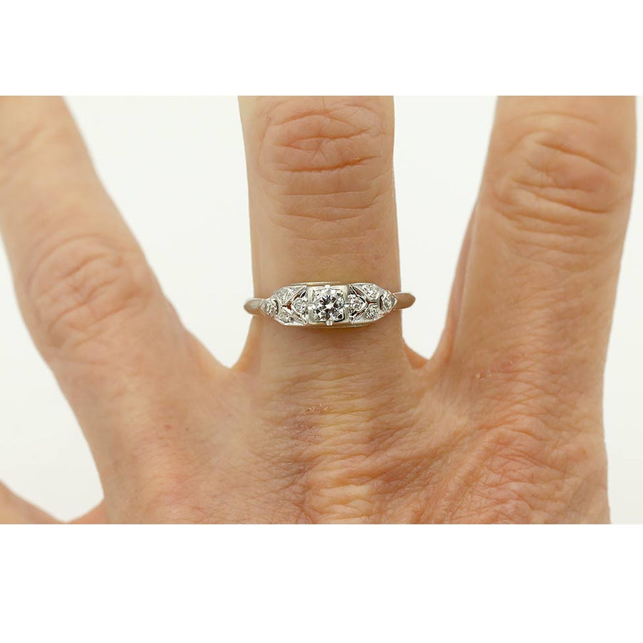 Vintage .36 CTW Low Profile Art Deco Diamond Engagement Ring on Hand
