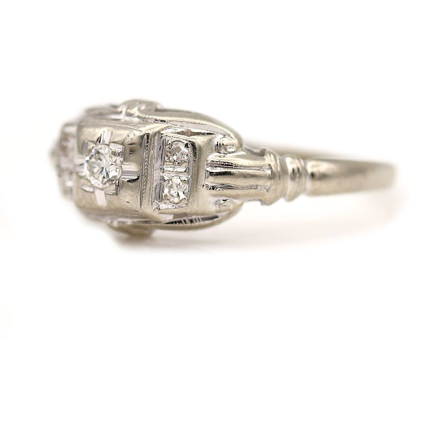 Art Deco .18 CTW Old European Cut Diamond Vintage Engagement Ring in 14 Kt White Gold