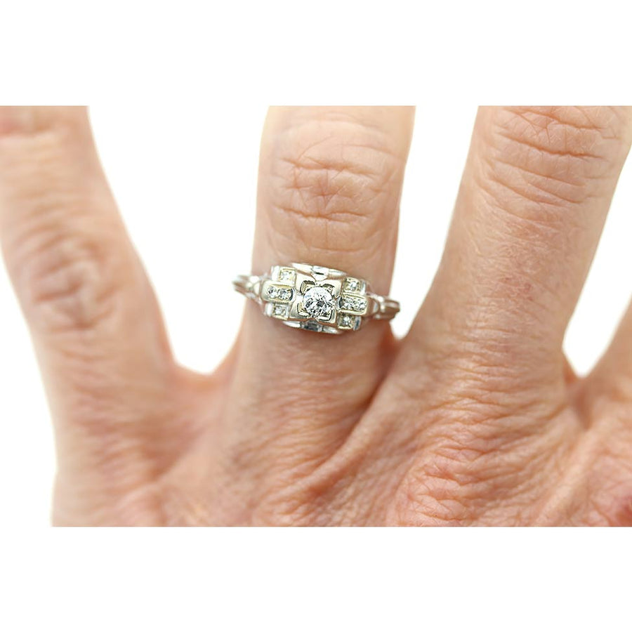 Art Deco .18 CTW Old European Cut Diamond Vintage Engagement Ring in 14 Kt White Gold