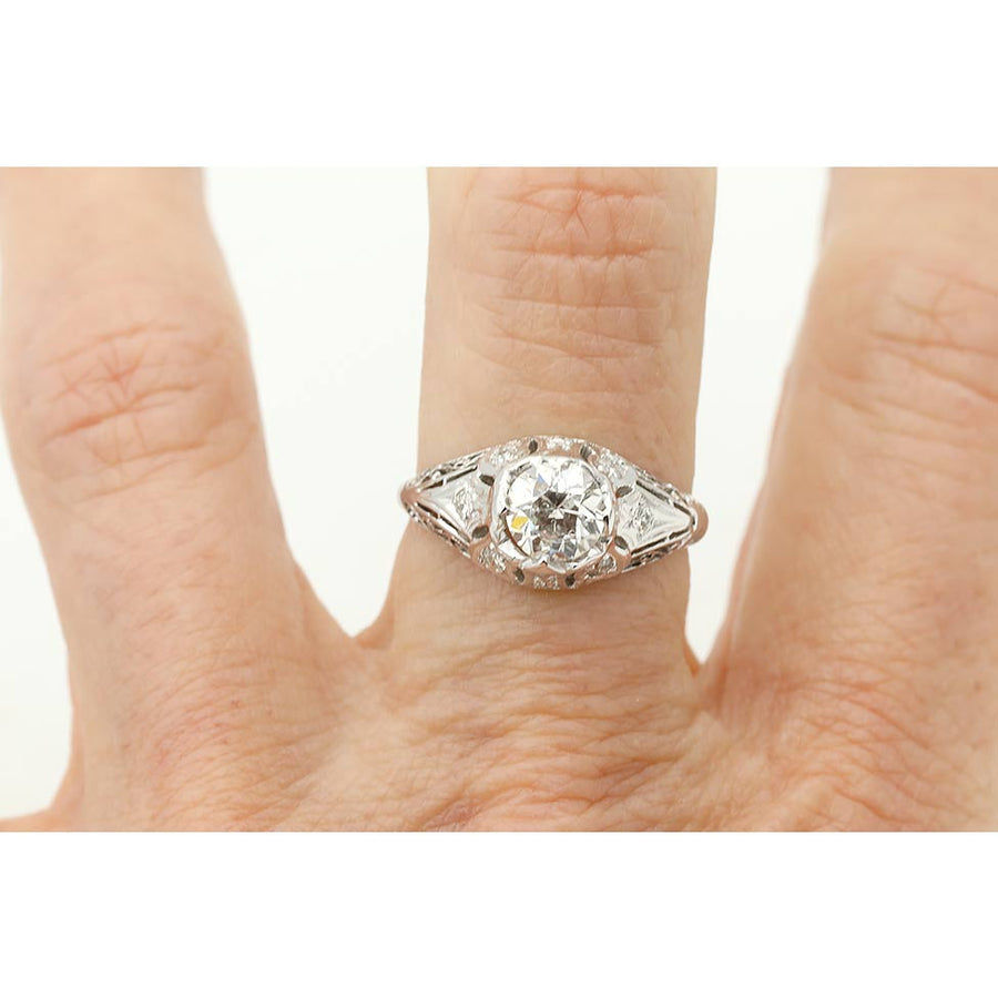 Art Deco .80 Ct Old European Cut Diamond Antique Engagement Ring in 18K White Gold