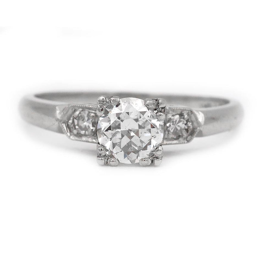 Mid-Century .70 CTW Old European Cut Diamond Three Stone Vintage Engagement Ring GIA J/SI2