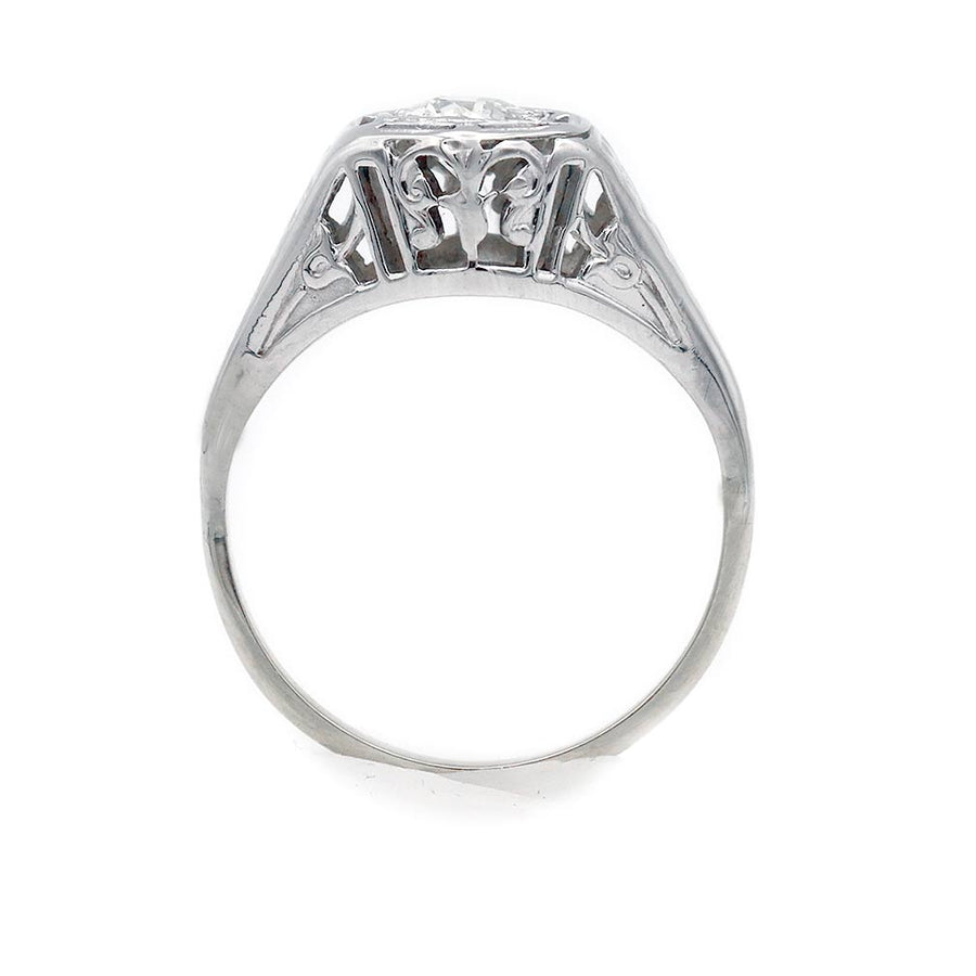 Vintage .35 Ct Old European Cut Diamond Hexagonal Solitaire Antique Engagement Ring with Floral Engravings