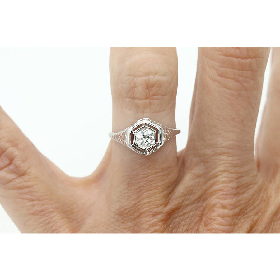Vintage .35 Ct Old European Cut Diamond Hexagonal Solitaire Antique Engagement Ring with Floral Engravings