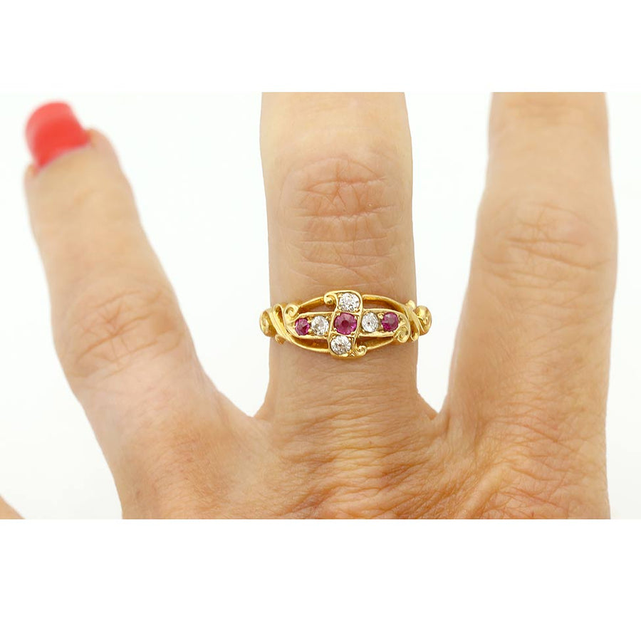 Vintage .65 CTW Burma Ruby & Old Mine Cut Diamond Wedding Band in 18K Yellow Gold