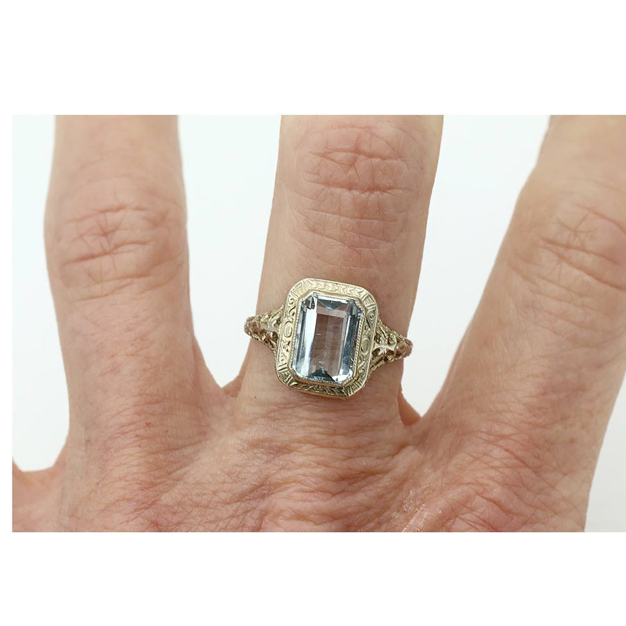 Art Deco 1.75ct Emerald Cut Aquamarine Halo Engagement Ring | 14k White Gold Filigree Ring