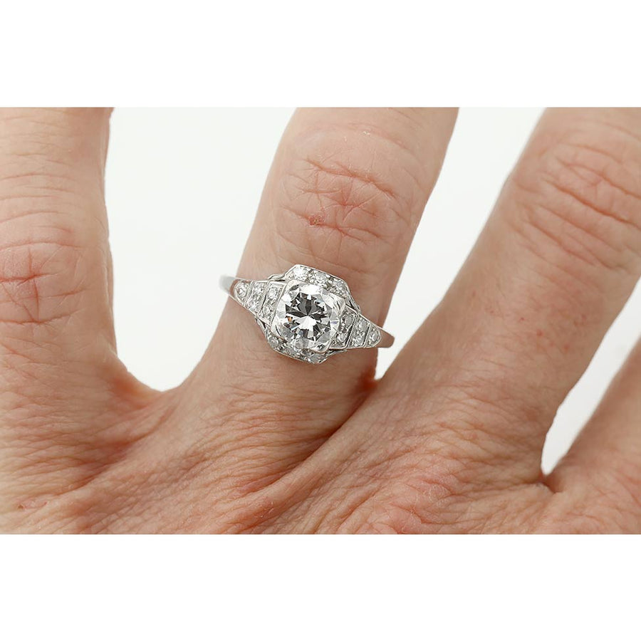 Art Deco Old European Cut Diamond Halo Engagement Ring in Platinum | 1920s