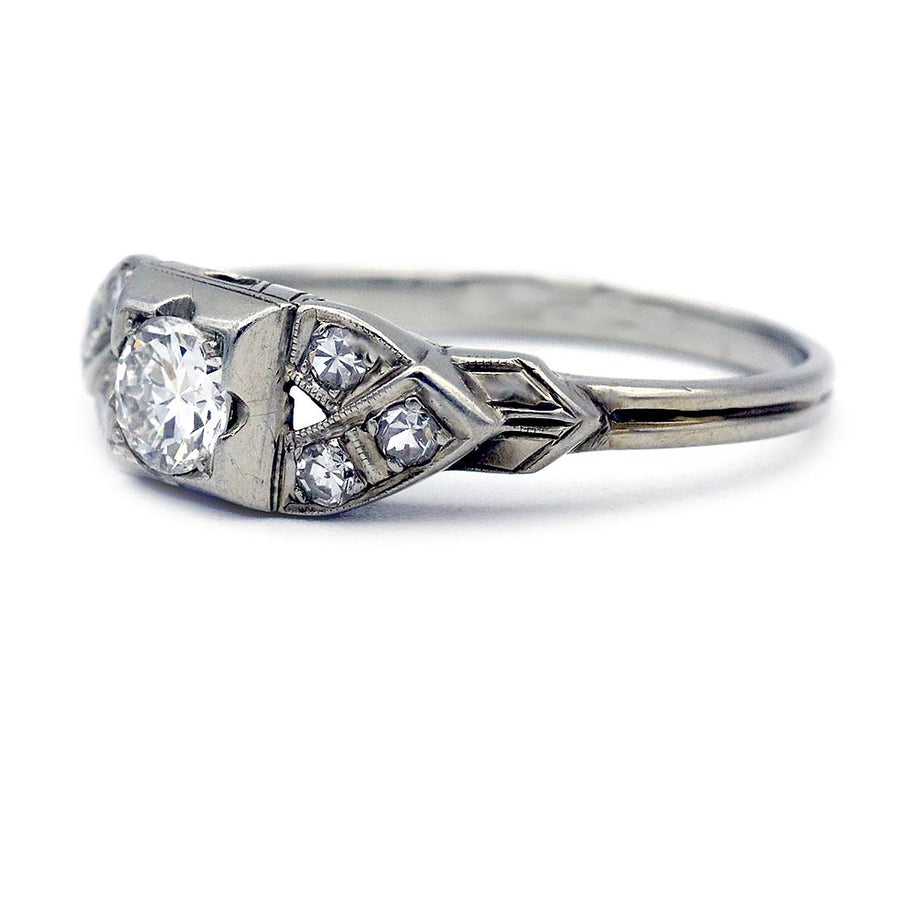 Art Deco Old Mine Cut Diamond Engagement Ring .30 Ct | Geometric Square Split Shank in 18K White Gold