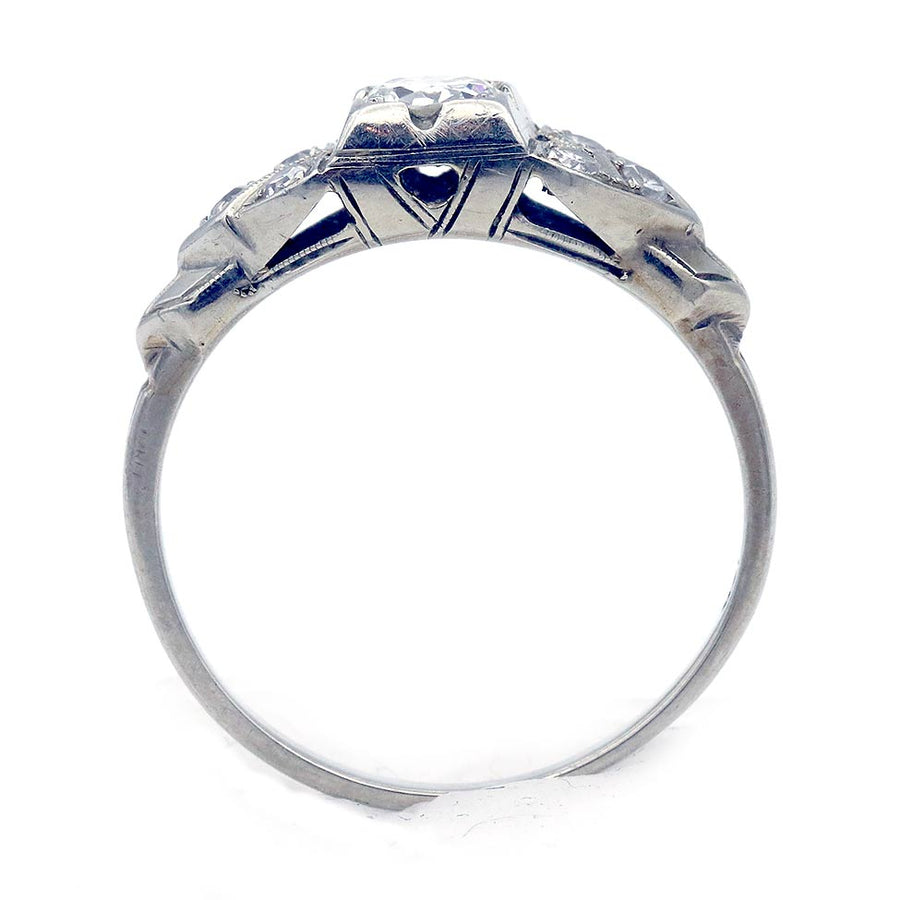 Art Deco Old Mine Cut Diamond Engagement Ring .30 Ct | Geometric Square Split Shank in 18K White Gold