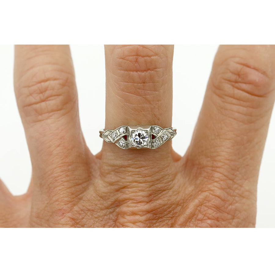 Art Deco Old Mine Cut Diamond Engagement Ring .30 Ct | Geometric Square Split Shank in 18K White Gold