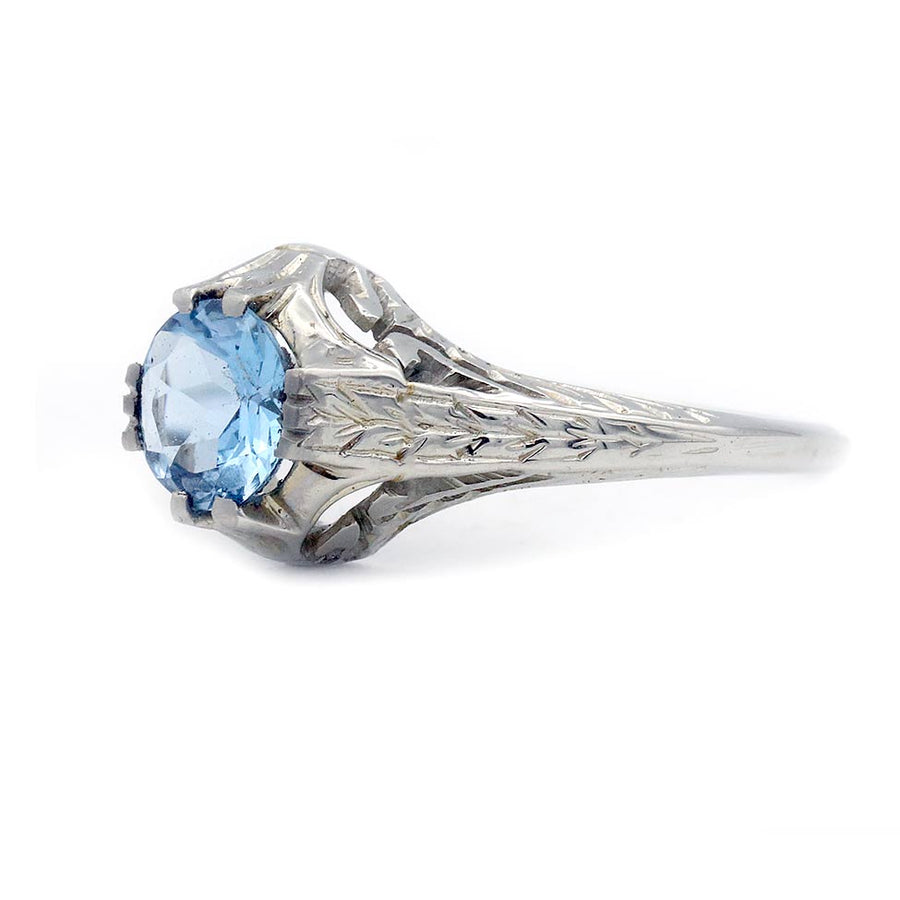 Art Deco .85 Ct Aquamarine Engagement Ring with Filigree in 18K White Gold