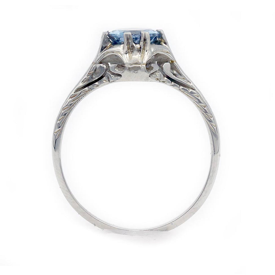 Art Deco .85 Ct Aquamarine Engagement Ring with Filigree in 18K White Gold