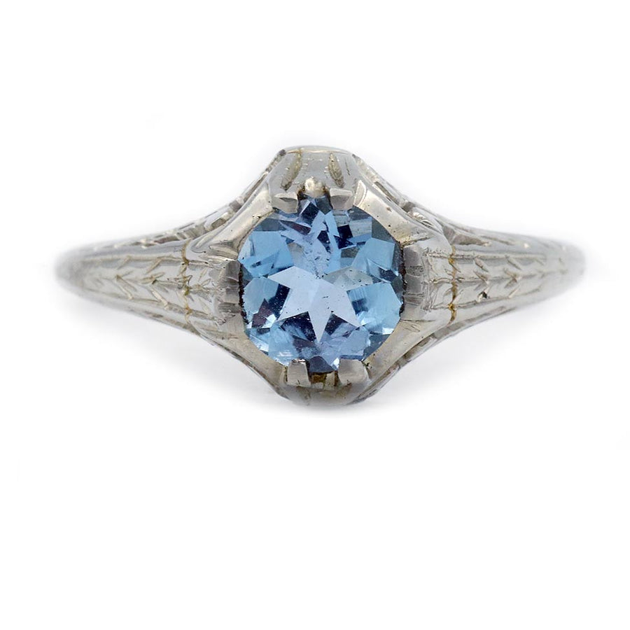 Art Deco .85 Ct Aquamarine Engagement Ring with Filigree in 18K White Gold