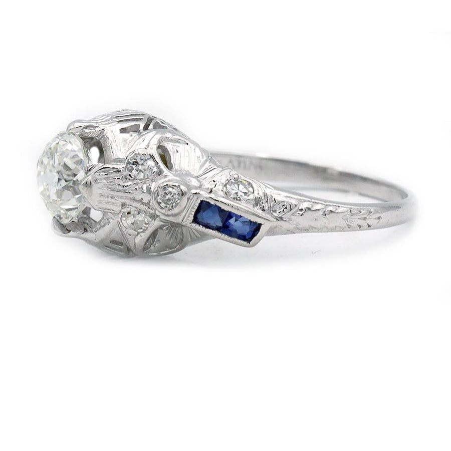 Antique Art Deco Diamond Engagement Ring with Sapphire Accents