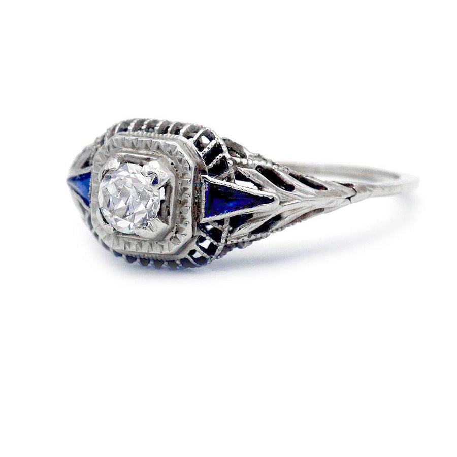 Art Deco .45 CTW Diamond Sapphire Floral Engagement Ring - Vintage Diamond Ring