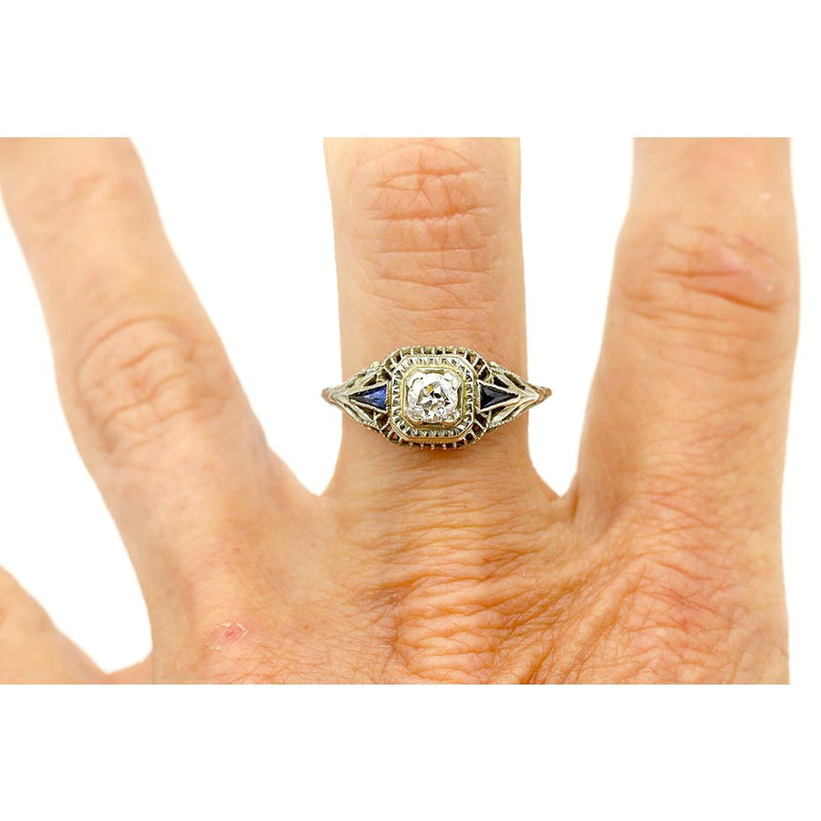 Art Deco .45 CTW Diamond Sapphire Floral Engagement Ring - Vintage Diamond Ring