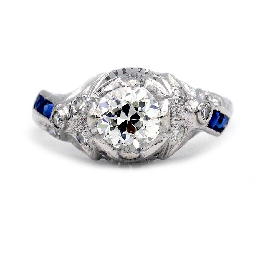 Antique Art Deco Diamond Engagement Ring with Sapphire Accents