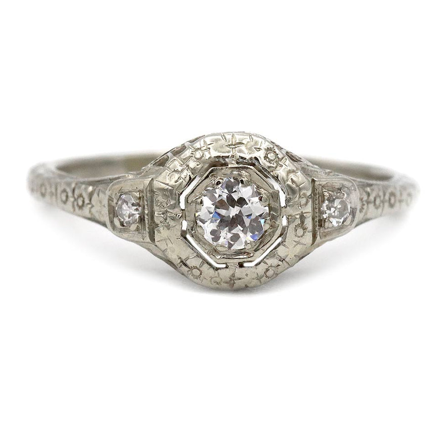 Art Deco .25 Ct Old European Cut Diamond Octagonal Engagement Ring in 18K White Gold