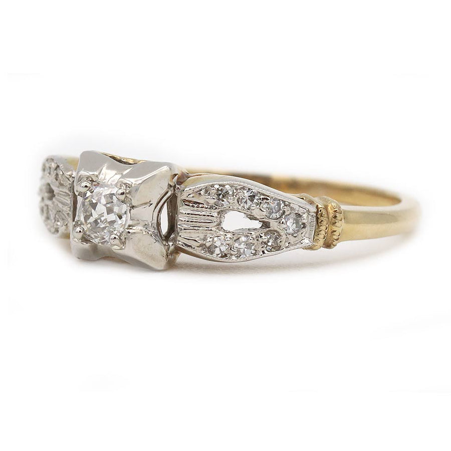 Mid-Century .35 CTW Old Mine Cut Diamond Split Shank Vintage Engagement Ring in 14K Two Tone Gold