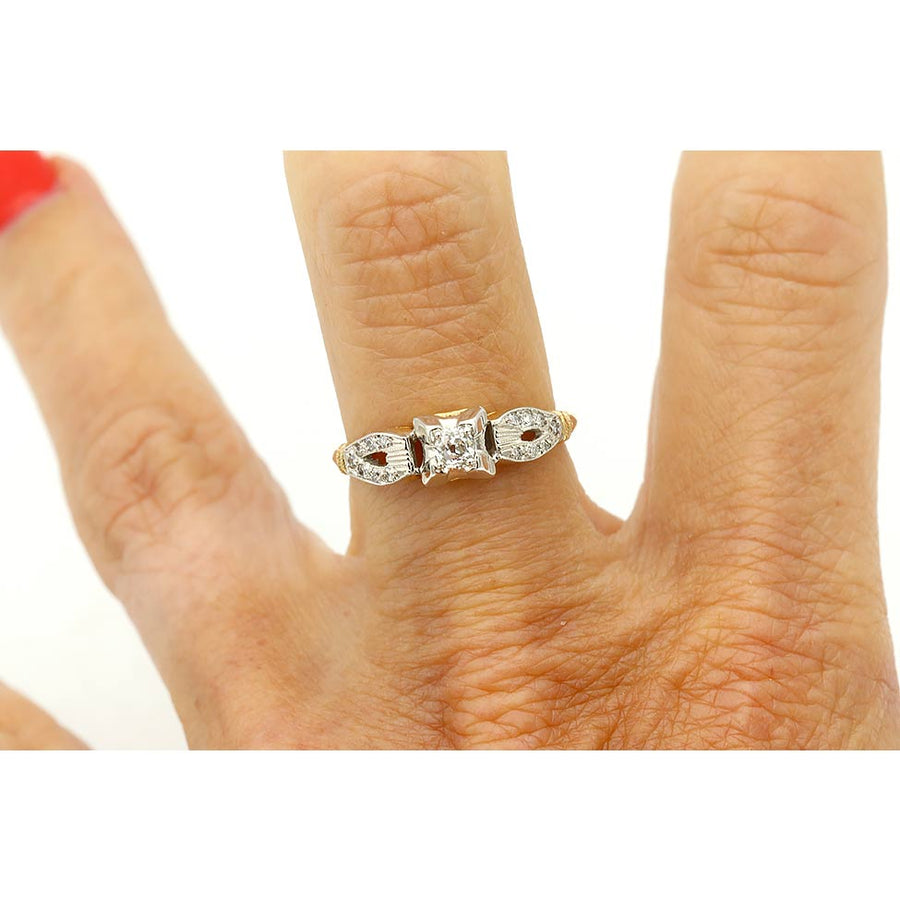 Mid-Century .35 CTW Old Mine Cut Diamond Split Shank Vintage Engagement Ring in 14K Two Tone Gold