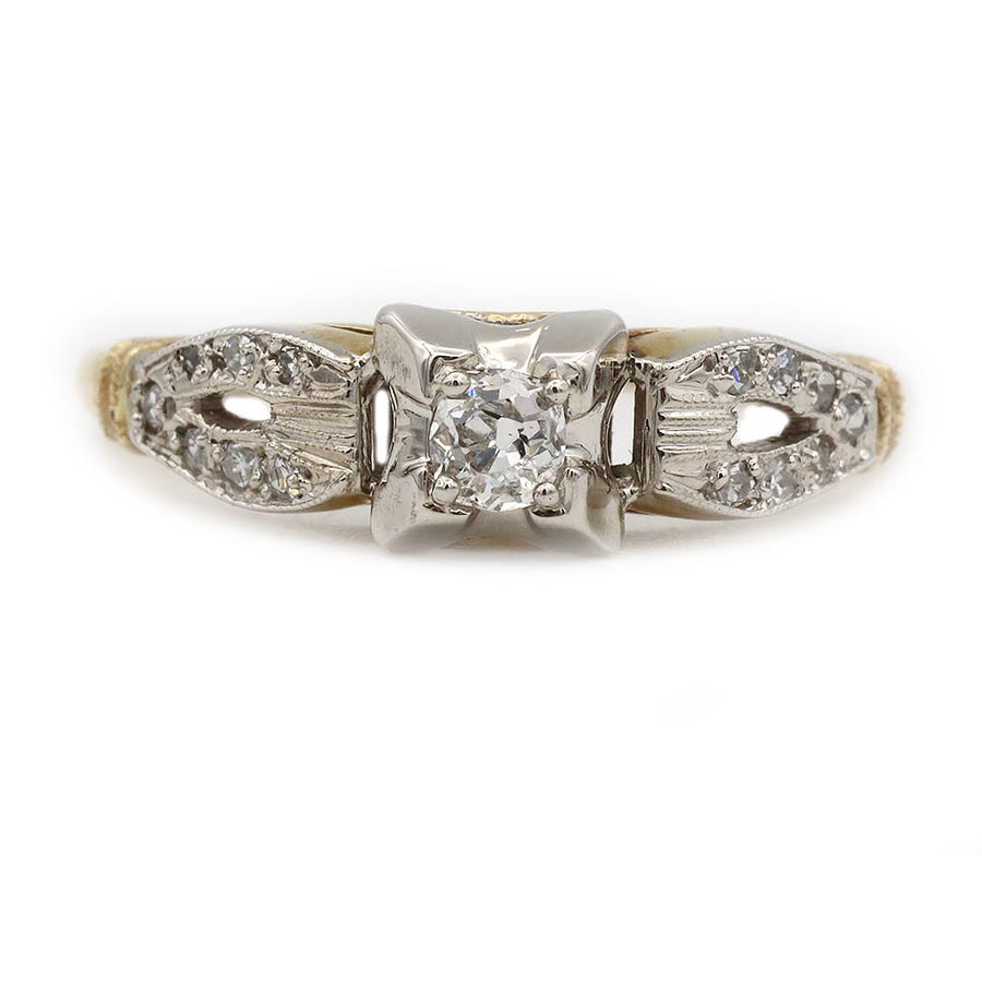 Mid-Century .35 CTW Old Mine Cut Diamond Split Shank Vintage Engagement Ring in 14K Two Tone Gold