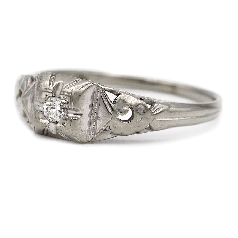 Art Deco .10ct Old European Cut Diamond 18K White Gold Geometric Ring