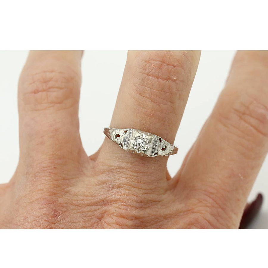 Art Deco .10ct Old European Cut Diamond 18K White Gold Geometric Ring