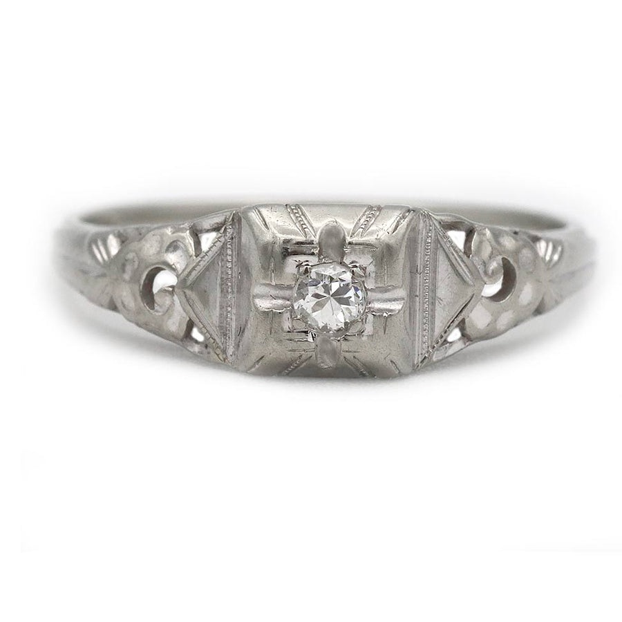 Art Deco .10ct Old European Cut Diamond 18K White Gold Geometric Ring