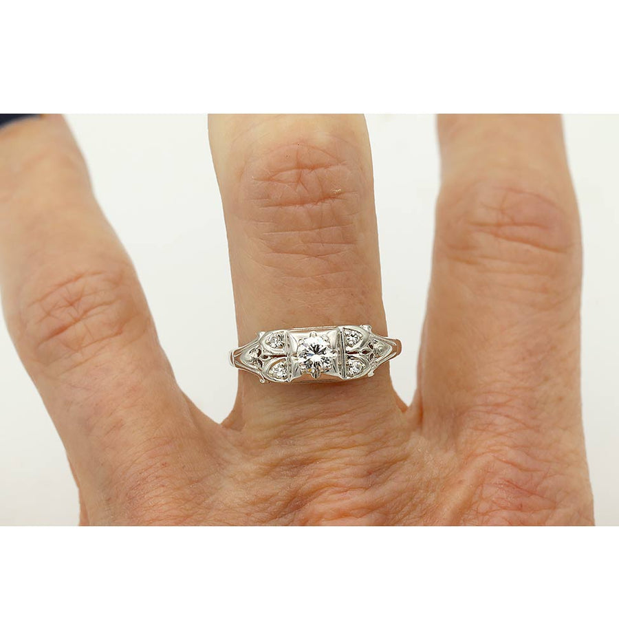 Art Deco .25 Ct Old European Cut Diamond 14K White Gold Geometric Vintage Engagement Ring