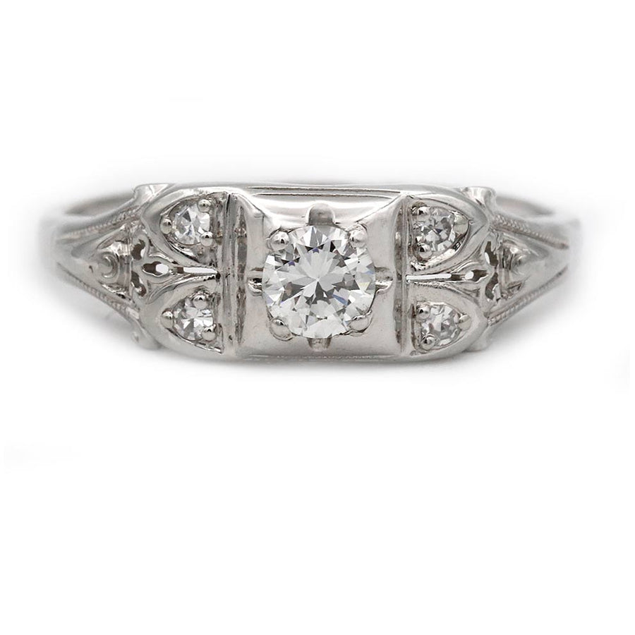 Art Deco .25 Ct Old European Cut Diamond 14K White Gold Geometric Vintage Engagement Ring